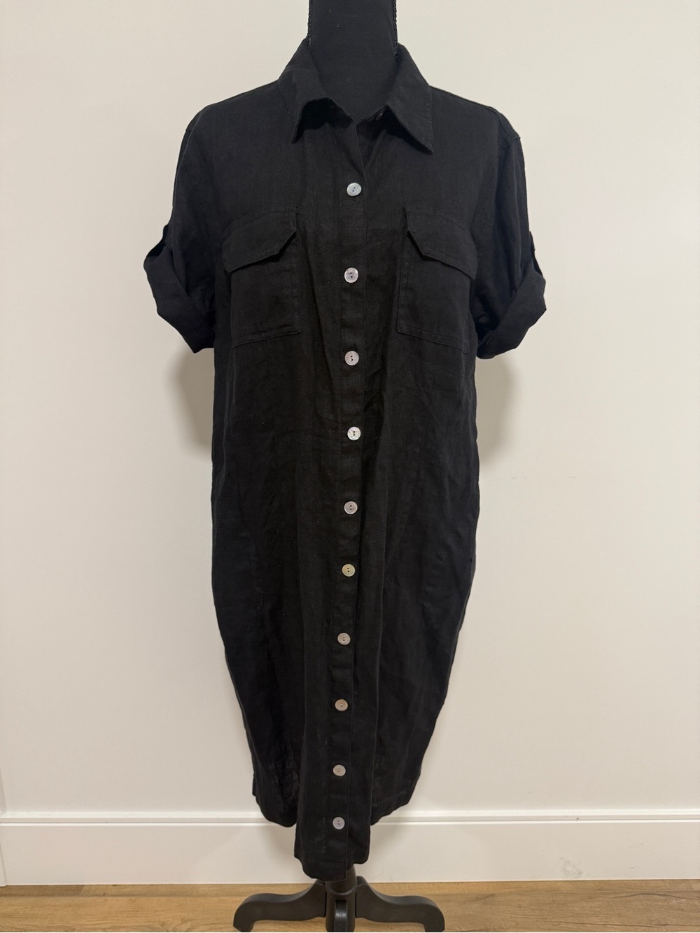 Chico’s 100% Linen Shirt Dress 2 Black Thick Durable Pockets Summer Breathable